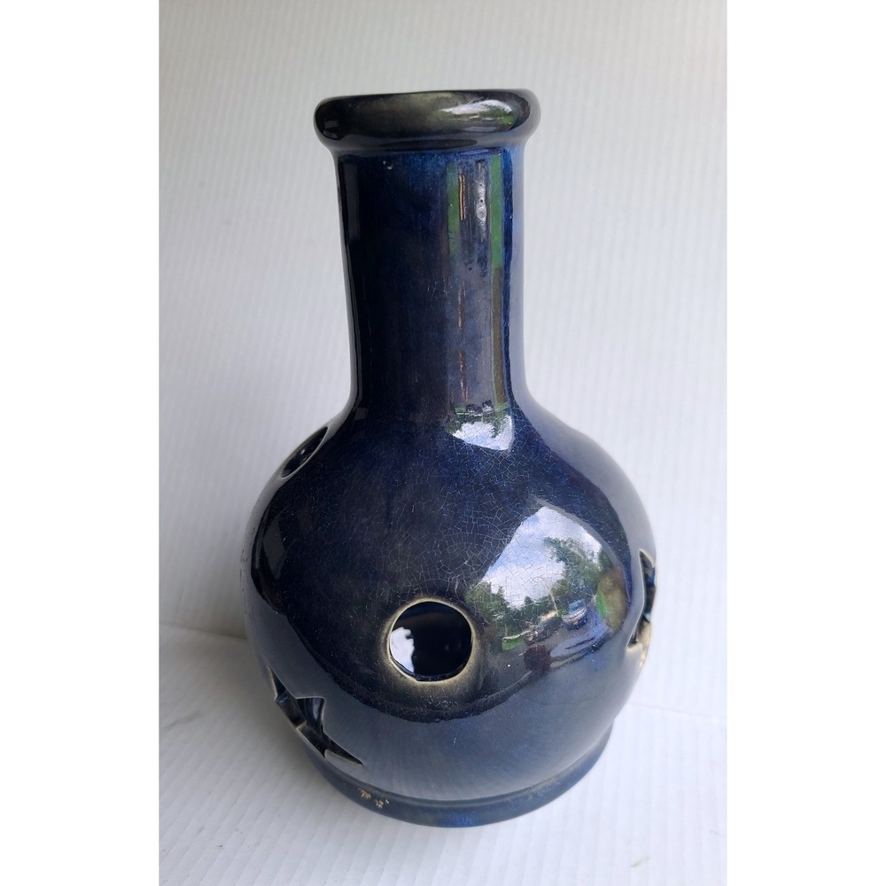 Celestial Moon Stars Cutout Ceramic Tea Light Cobalt Blue Candle Holder Chimney